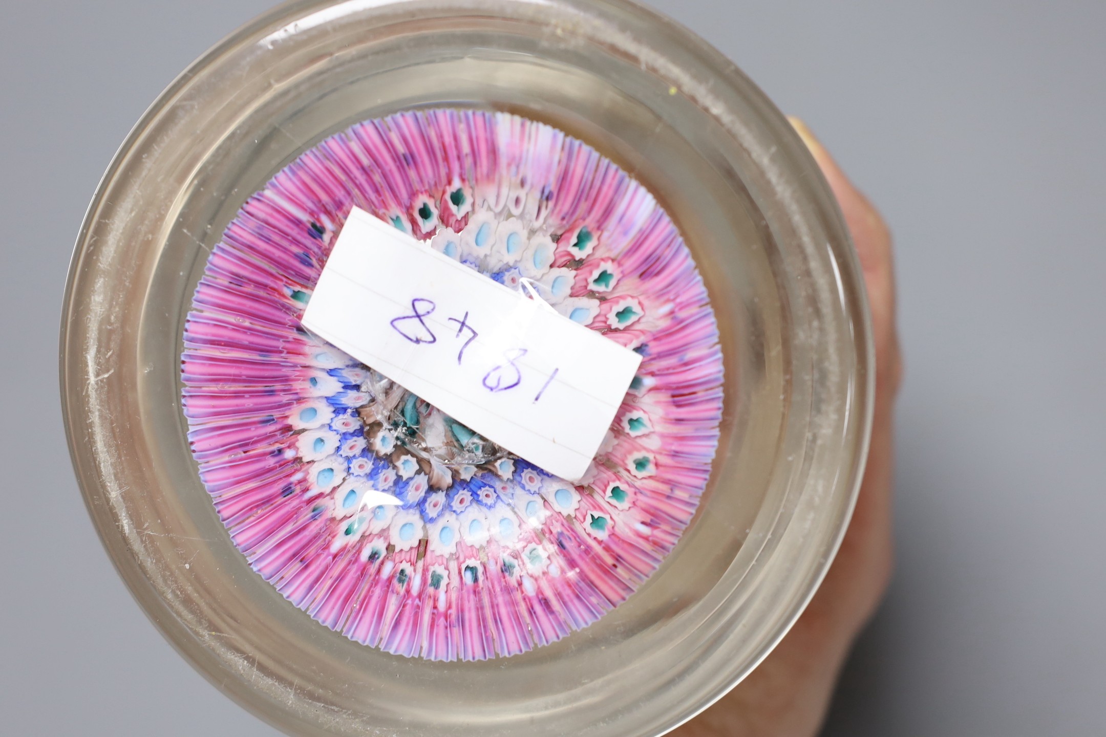 A concentric millefiori glass inkwell and stopper, ‘1848’ cane but later, 15cms high